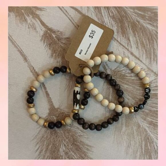 Boho Wood Bead Stackable Bracelet Set of 3 - Picture 1 of 4
